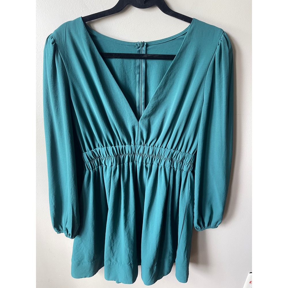 Unbranded Teal Green Long Sleeve V-Neck Smocked Waist Mini chic coquette casual